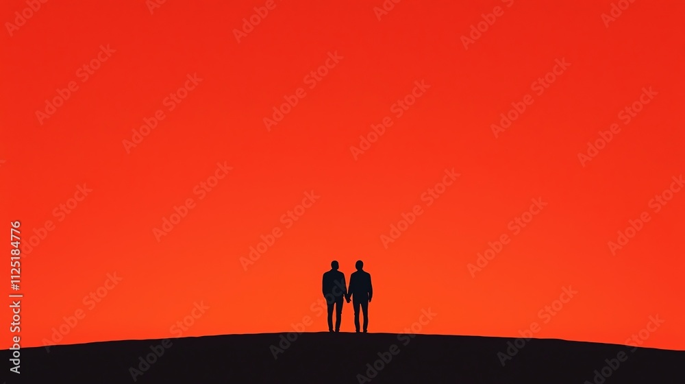 Two silhouettes standing together against a vibrant sunset sky. Two silhouettes standing together against a vibrant sunset sky.