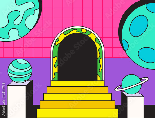 Vibrant aesthetic futuristic portal background with two planet from the side and two on the platform perfect for scifi themes project or modern art design in cartoon retro hand drawn illustration