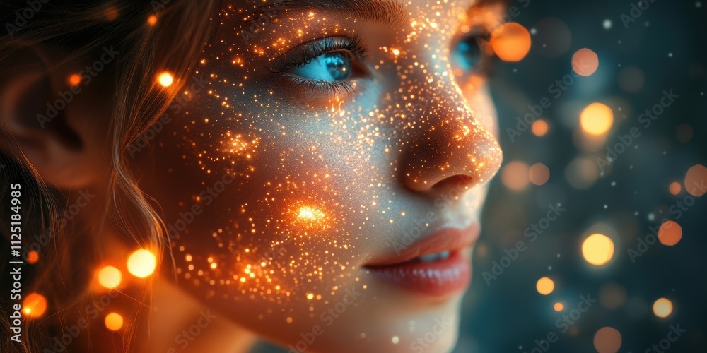 A mesmerizing close-up portrait showcases a woman's face adorned with sparkling, colorful lights, creating a magical and ethereal ambiance A mesmerizing close-up portrait showcases a woman's face adorned with sparkling, colorful lights, creating a magical and ethereal ambiance