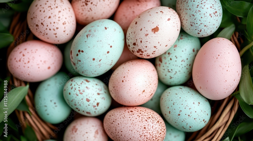 A collection of pastel-hued eggs, some speckled and some plain, resting in a basket surrounded by greenery, representing the charm of natural beauty. A collection of pastel-hued eggs, some speckled and some plain, resting in a basket surrounded by greenery, representing the charm of natural beauty.