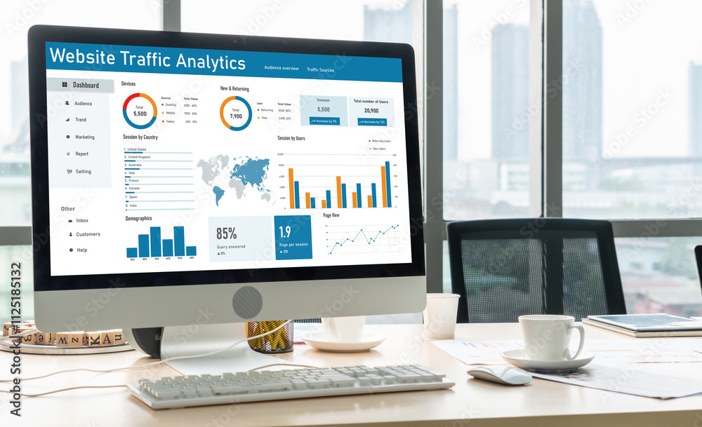 Computer software for website traffic analytics data on computer screen. Concept of SEO search engine optimization and customer targeting for online business snugly Computer software for website traffic analytics data on computer screen. Concept of SEO search engine optimization and customer targeting for online business snugly