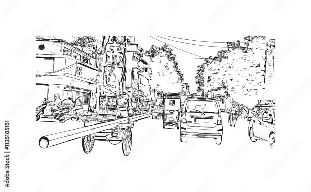 Building view with landmark of Varanasi is the city in India. Hand drawn sketch illustration in vector.