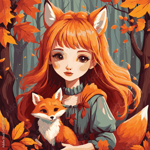 Autumn illustration. Cute girl with a fox. Vector design for card, poster, flyer, web and other use. Hand drawn illustration of dressed up nerdy fox girl in colors. Flat cartoon vector illustration.