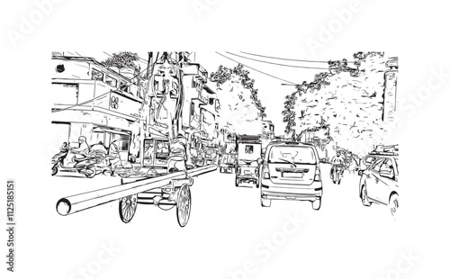 Obraz na płótnie Building view with landmark of Varanasi is the city in India. Hand drawn sketch illustration in vector. w salonie