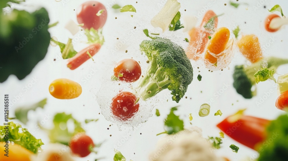 Fresh vegetables in motion: broccoli, tomatoes, and carrots in midair explosion. Fresh vegetables in motion: broccoli, tomatoes, and carrots in midair explosion.