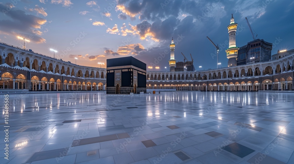 Naklejka premium The Kaaba in Mecca, captured in soft evening light, with the surrounding area empty, emphasizing its solitude and grandeur.