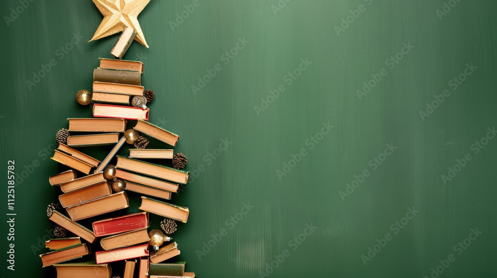 christmas tree made out of books on green background christmas tree made out of books on green background