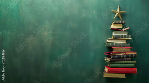 christmas tree made out of books on green background