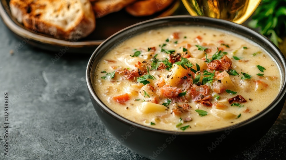 This classic potato soup, garnished with crispy bacon and herbs, offers a comforting and hearty meal ideal for warm gatherings and cozy moments. This classic potato soup, garnished with crispy bacon and herbs, offers a comforting and hearty meal ideal for warm gatherings and cozy moments.