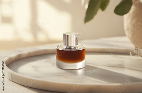 A perfume bottle with a frosted glass base and a Mocha Mousse metallic cap, placed on a marble tray. Mock up, space copy photo