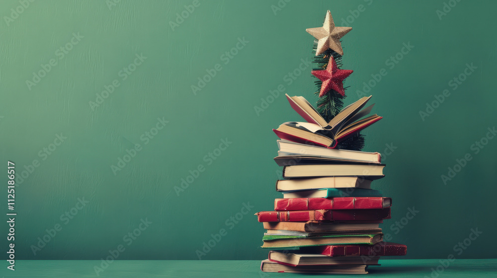 christmas tree made out of books on green background christmas tree made out of books on green background