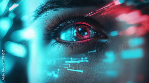 A detailed close-up of a vibrant eye featuring digital and futuristic elements, symbolizing technology, innovation, and the digital age. photo