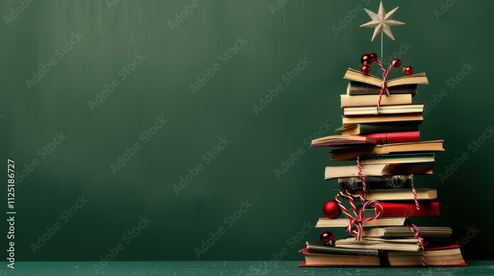 christmas tree made out of books on green background christmas tree made out of books on green background