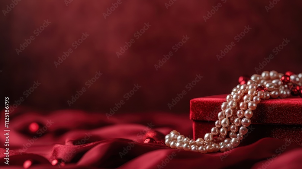 Fototapeta premium An elegant pearl necklace gracefully drapes over a luxurious red velvet box. The rich red tones exude a sense of sophistication and timeless charm.