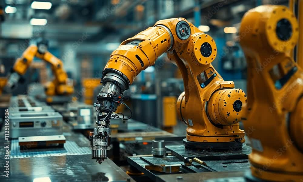 Robotic arm performing tasks in a manufacturing environment. Robotic arm performing tasks in a manufacturing environment.