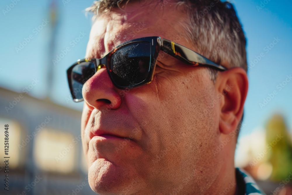 A man with silver hair dressed casually looks confidently into the distance while wearing dark sunglasses. Bright sunlight accents the vibrant colors behind him in a lively outdoor setting. A man with silver hair dressed casually looks confidently into the distance while wearing dark sunglasses. Bright sunlight accents the vibrant colors behind him in a lively outdoor setting.