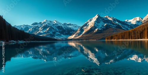 Fototapeta Naklejka Na Ścianę i Meble -  Serene Mountain Reflections: A tranquil lake mirrors the majestic snow-capped peaks of a mountain range, creating a breathtaking landscape of calm and serenity.  