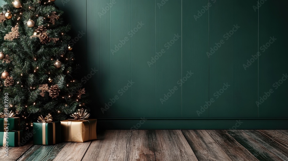 A simple, elegant Christmas tree stands next to a green wall, decorated minimally with gold lights and ornaments and surrounded by gift boxes. A simple, elegant Christmas tree stands next to a green wall, decorated minimally with gold lights and ornaments and surrounded by gift boxes.