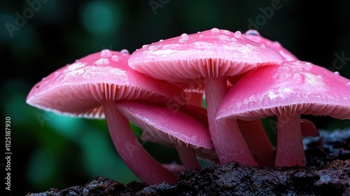 Pink mushrooms naturally growing in a serene forest setting, glowing softly and showcasing a wonderful balance between the enchanting flora and its quiet surroundings. photo