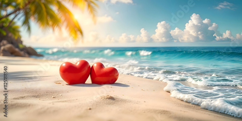 Two red hearts on a sandy beach near ocean waves, symbolizing love and romance under a clear blue sky photo