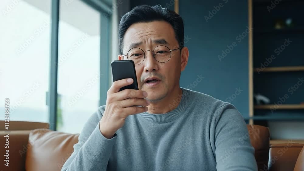 Asian man sitting in modern interior checking his smartphone with a thoughtful expression displayed Asian man sitting in modern interior checking his smartphone with a thoughtful expression displayed