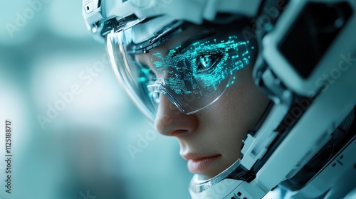 A close-up view of a futuristic visor displaying a digital overlay, suggesting advanced technology, innovation, and a high-tech world of future possibilities. photo