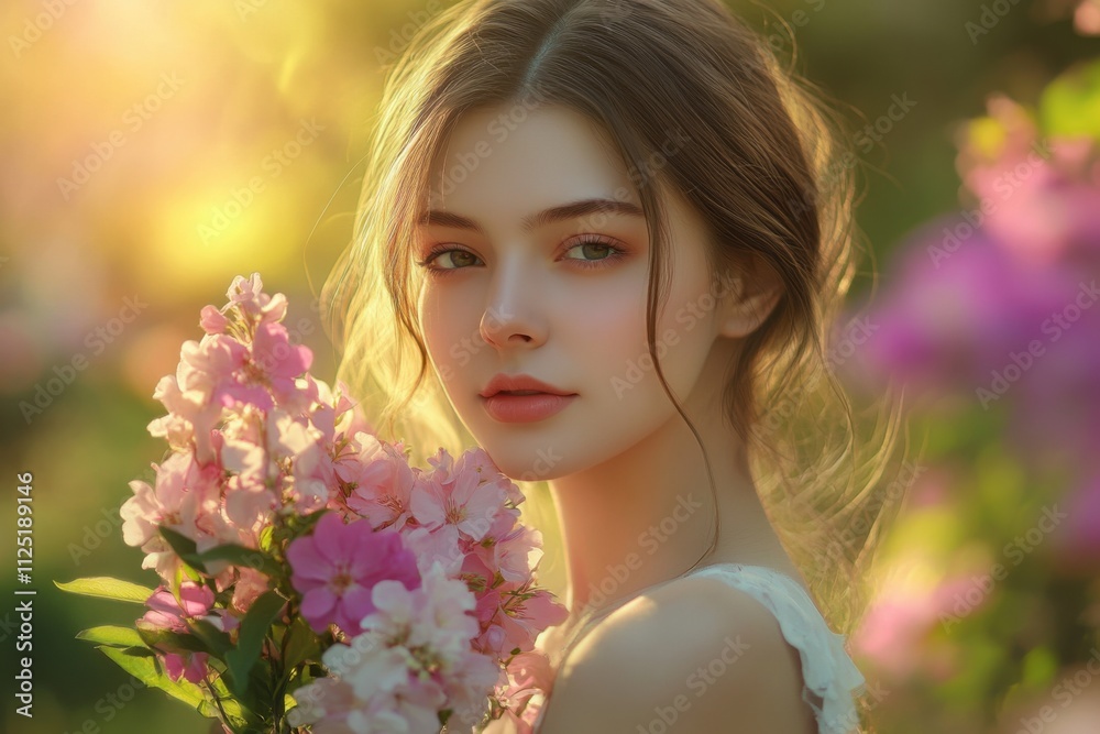 Fototapeta premium A young woman with radiant features holds a vibrant bouquet of flowers, embodying grace and strength while celebrating International Women’s Day in a sunlit garden