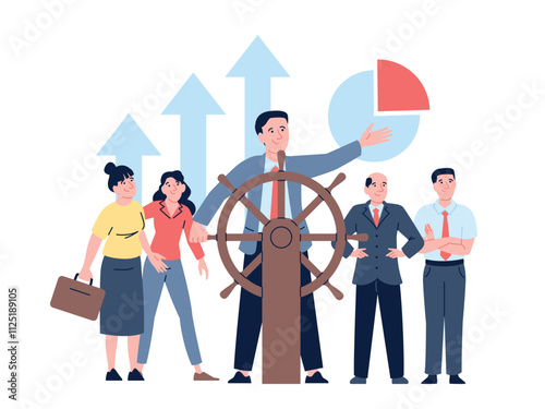 Leader at helm. Businessman boss leads company to success. Smart business management, personal and team work achievement, recent vector scene
