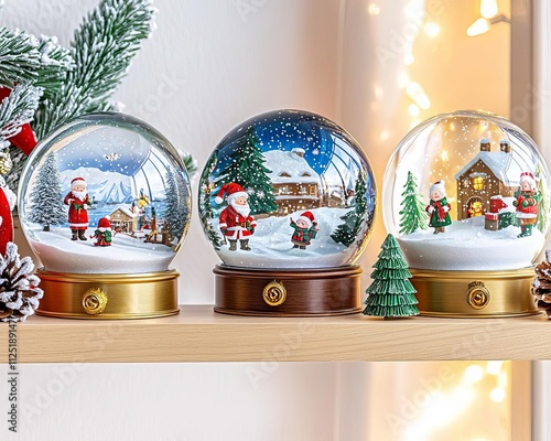 Snow globe collection placed safely on a nursery shelf, featuring classic Christmas scenes and soft glitter effects