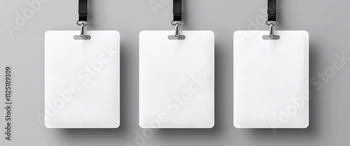 Three blank ID cards hanging with lanyards on a gray background and copy space