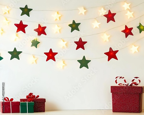 Soft glowing star-shaped fairy lights strung around the room, paired with festive red and green wall decals photo