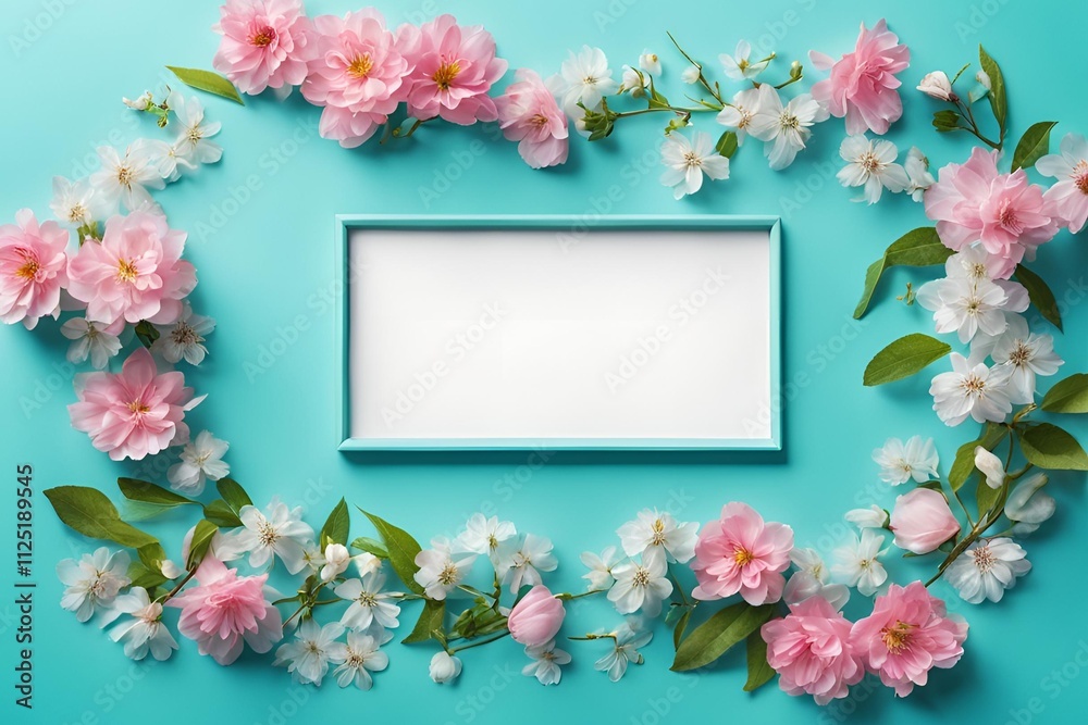Beautiful spring nature background with lovely blossom, petal a on turquoise blue background , top view, frame. Springtime concept