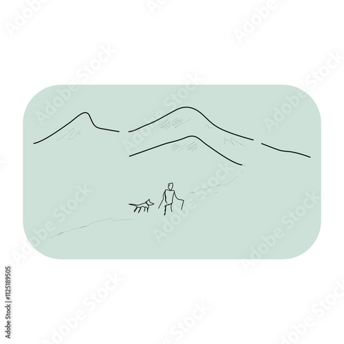 illustration of people walking on mountain landscape minimal design