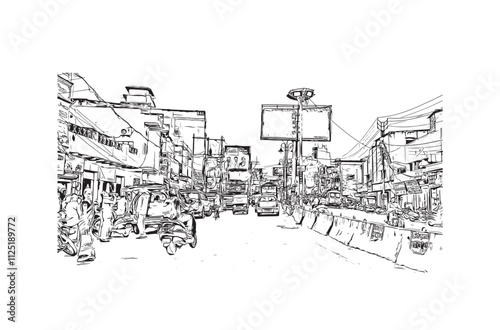 Building view with landmark of Varanasi is the city in India. Hand drawn sketch illustration in vector.