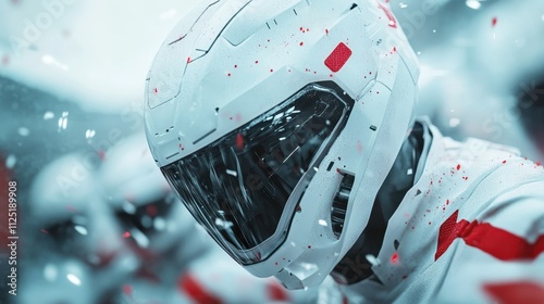 An armored futuristic warrior wearing a white helmet detailed with red accents and microtexture, evoking notions of defense, precision, and advanced warfare technology.