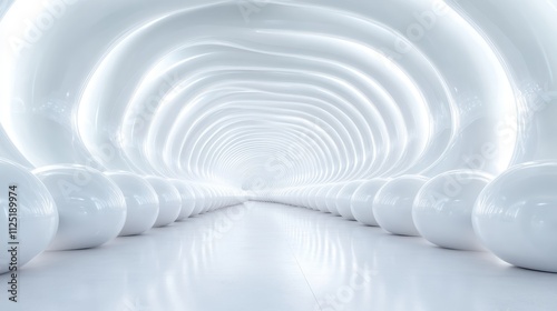 A brilliantly illuminated white tunnel showcases a futuristic smooth round design, exuding minimalism and modernity, inviting viewers into a serene journey forward.