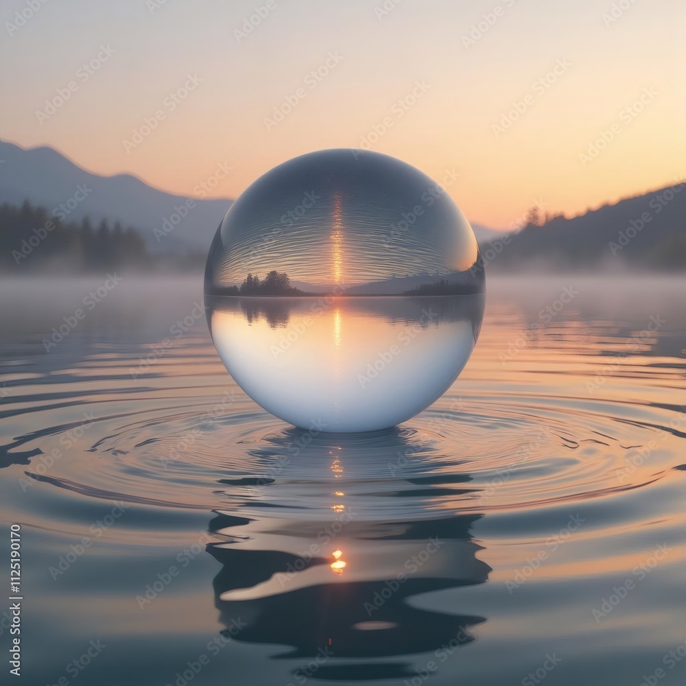 Reflejo del amanecer en una esfera de cristal sobre un lago tranquilo
