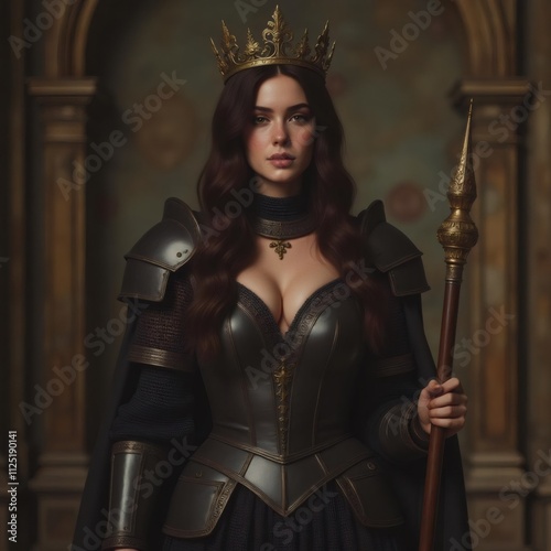 La reina guerrera medieval con armadura y cetro dorado en un palacio antiguo
