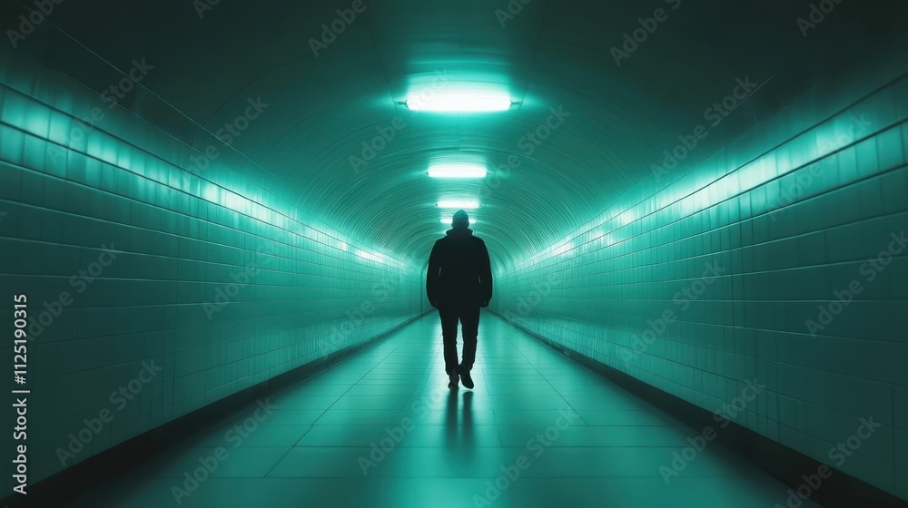 A lone silhouette walks in a blue-lit tunnel lined with tiles, creating a serene yet enigmatic atmosphere blending modern design with a futuristic touch. A lone silhouette walks in a blue-lit tunnel lined with tiles, creating a serene yet enigmatic atmosphere blending modern design with a futuristic touch.