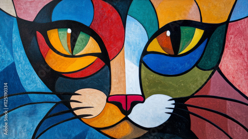 A painting in a cubist style depicting a cat