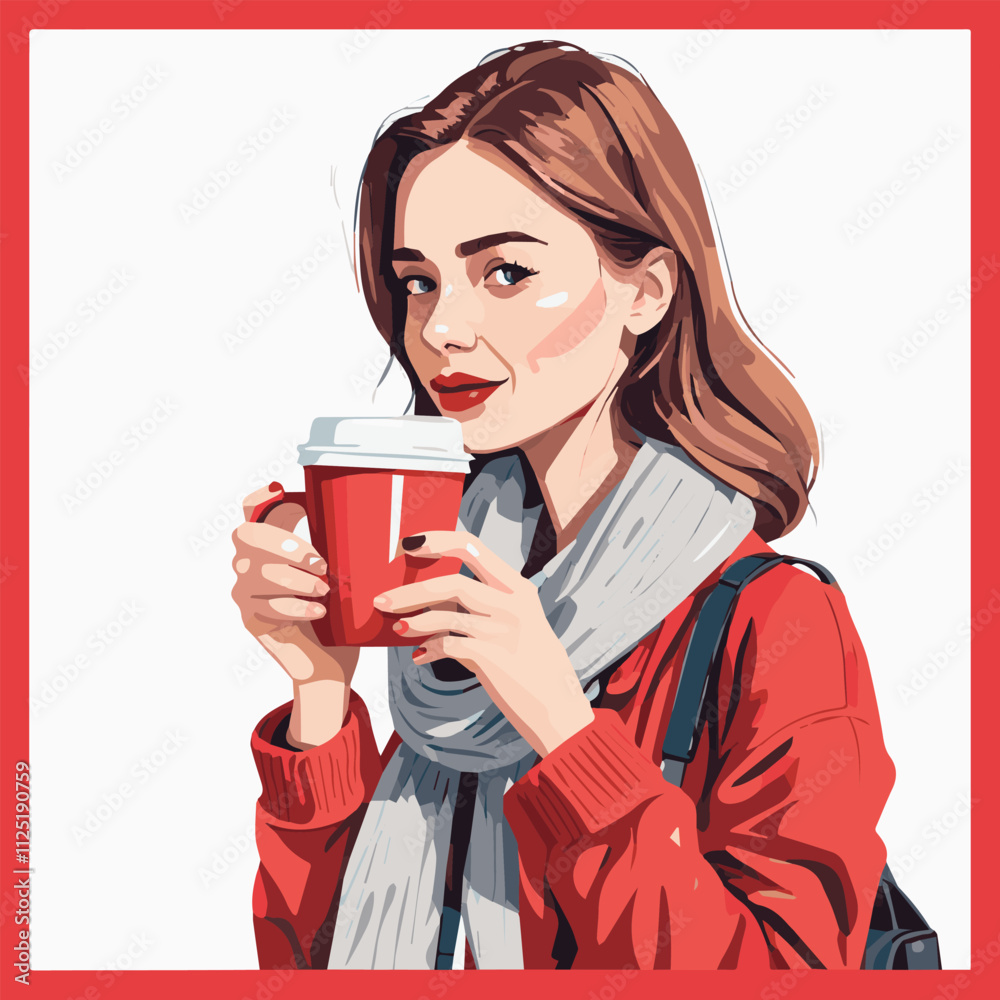 woman in a coat and scarf walks in the snow in winter and drinks coffee. Cozy vector winter illustration. Suitable for New Year and Christmas cards. Woman in fashionable warm winter clothes. woman in a coat and scarf walks in the snow in winter and drinks coffee. Cozy vector winter illustration. Suitable for New Year and Christmas cards. Woman in fashionable warm winter clothes.