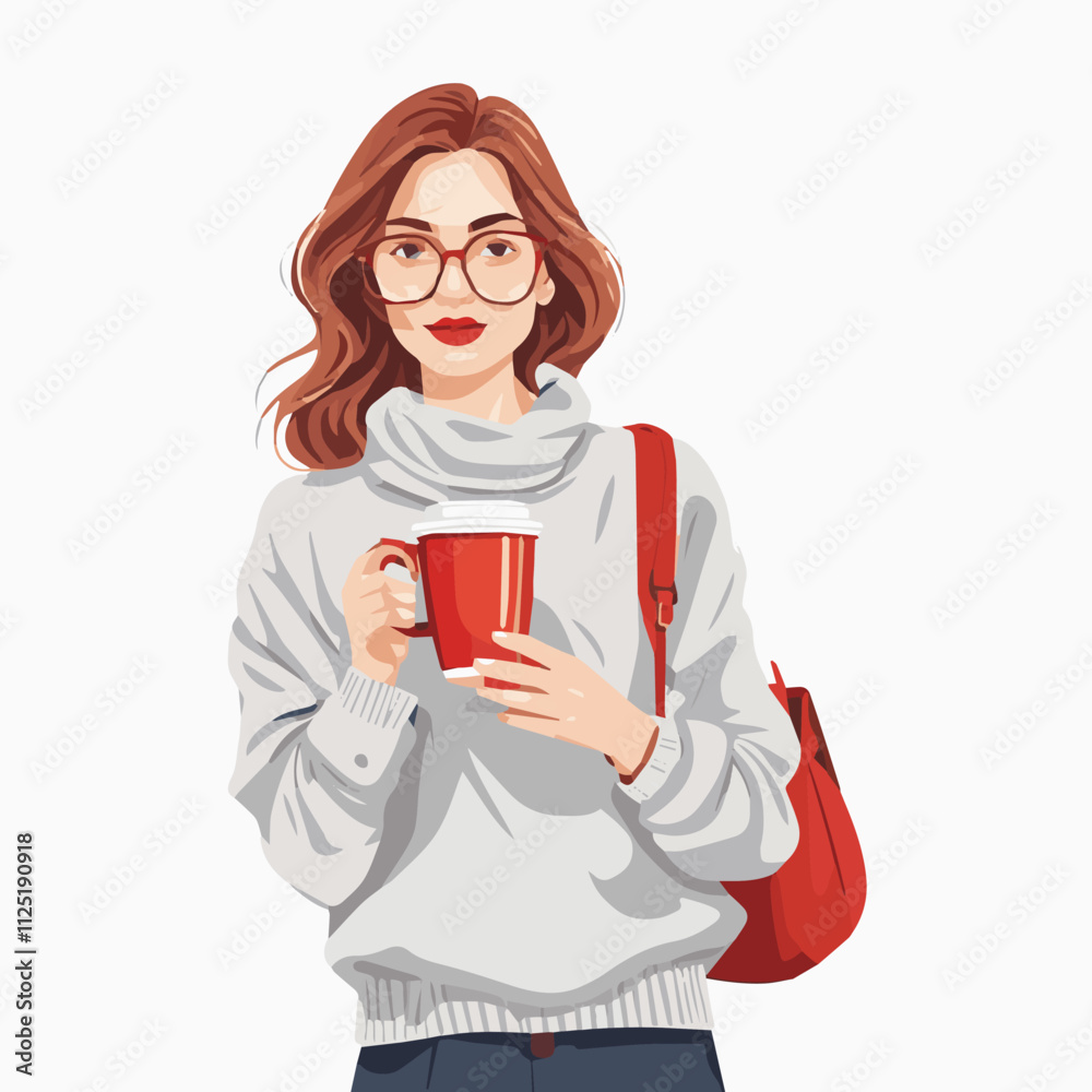 woman in a coat and scarf walks in the snow in winter and drinks coffee. Cozy vector winter illustration. Suitable for New Year and Christmas cards. Woman in fashionable warm winter clothes. woman in a coat and scarf walks in the snow in winter and drinks coffee. Cozy vector winter illustration. Suitable for New Year and Christmas cards. Woman in fashionable warm winter clothes.