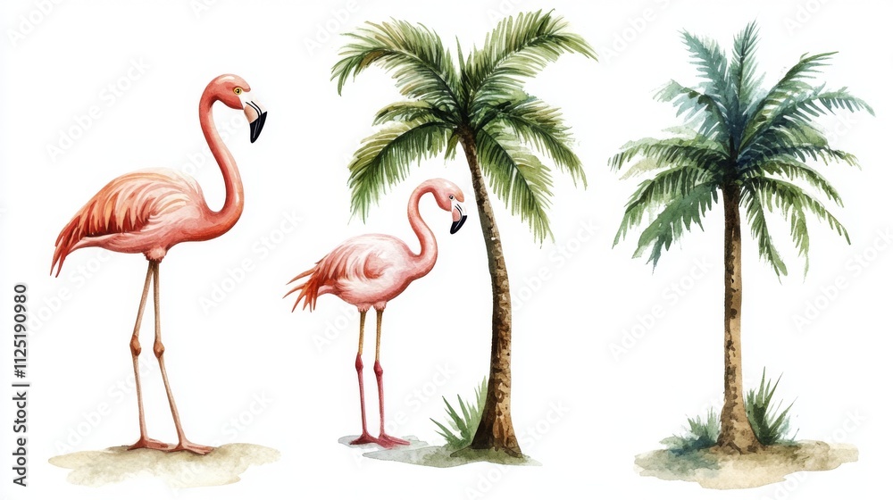 Obraz premium Watercolor Illustration of Pink Flamingos and Palm Trees