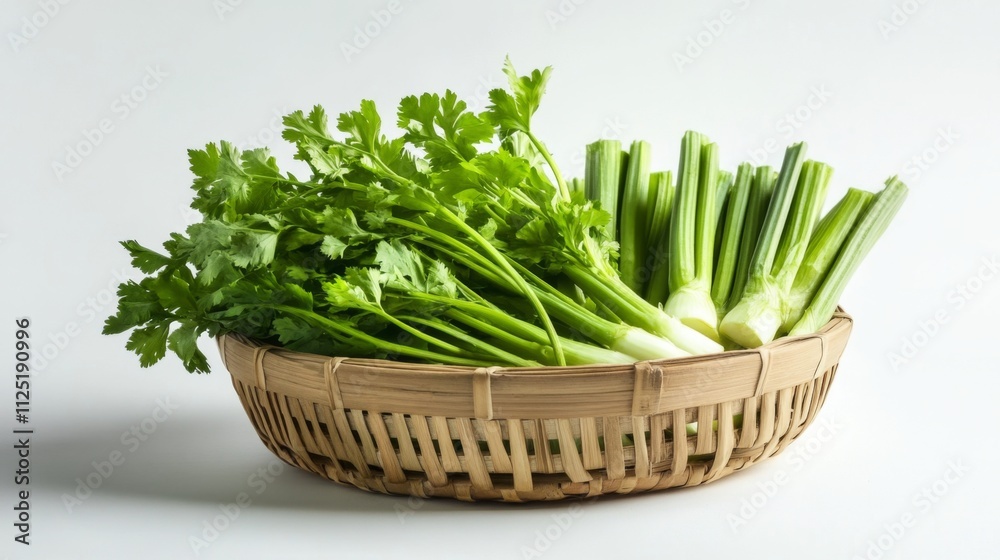 Fresh Coriander and Celery in a Woven Basket Fresh Coriander and Celery in a Woven Basket