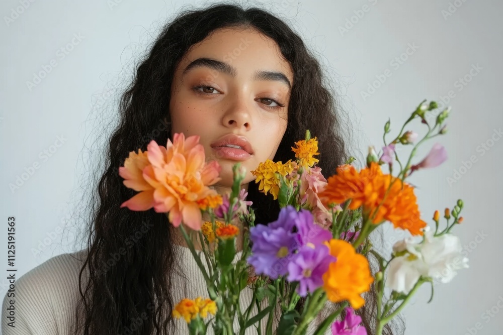 A young girl holds an exquisite bouquet of colorful flowers, embodying the joy and spirit of International Women's Day. Her serene expression reflects empowerment and beauty A young girl holds an exquisite bouquet of colorful flowers, embodying the joy and spirit of International Women's Day. Her serene expression reflects empowerment and beauty