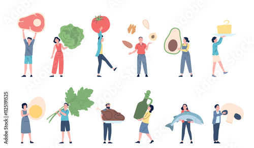 People holding giant food. Keto diet products, eggs meat vegetables. Women men eating fresh ingredients. Grocery store or market recent vector characters