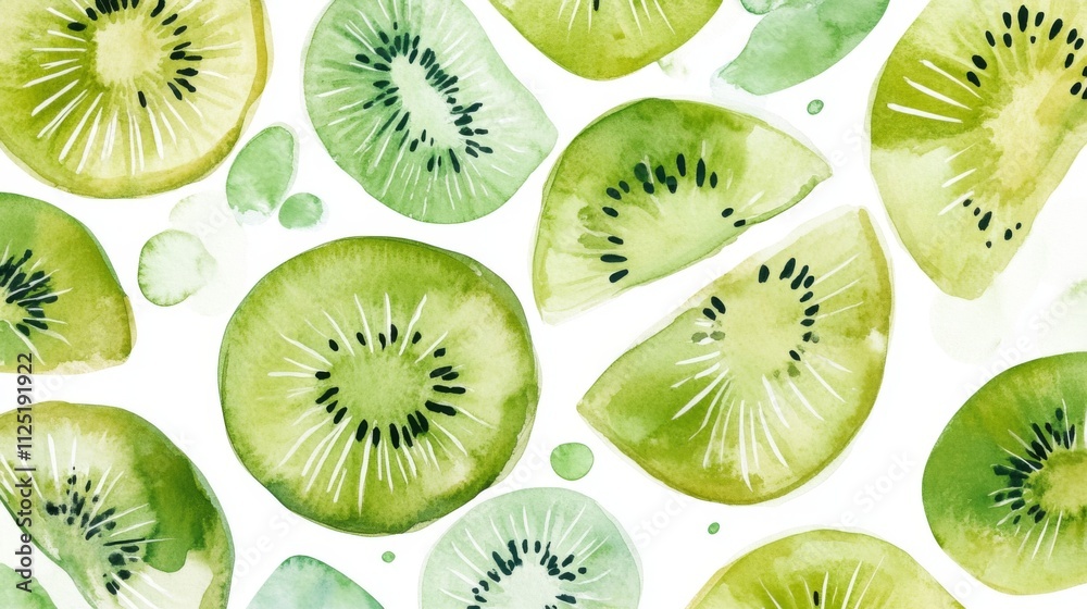 Fototapeta premium Watercolor Kiwi Slices Pattern - Fresh and Vibrant Fruit Art