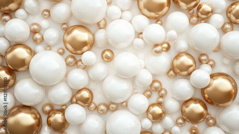 A luxurious and elegant arrangement of golden and white spheres is seen tightly clustered, forming a visually captivating and harmonious decorative pattern. A luxurious and elegant arrangement of golden and white spheres is seen tightly clustered, forming a visually captivating and harmonious decorative pattern.