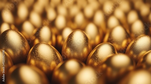 This pleasing arrangement of golden eggs symbolizes the concept of wealth and abundance, with each egg reflecting notions of prosperity and financial security. photo