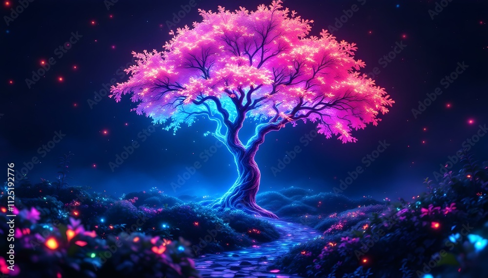 Neon Pink Blue Tree Fantasy Art Print for Home Decor Neon Pink Blue Tree Fantasy Art Print for Home Decor